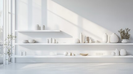 Simple white retail display featuring geometric shelving with a few curated items, large blank spaces, and minimalist decor.