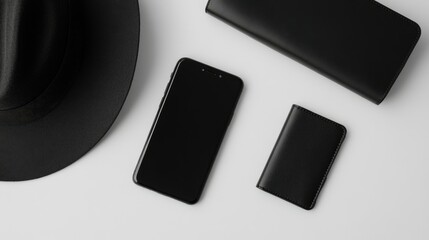 Stylish monochrome flat lay featuring a hat, wallet, and phone in black and white tones, placed on a clean background.