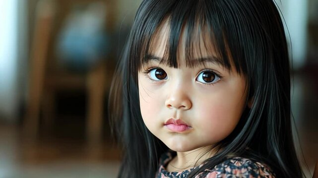close up portrait of young shy Japanese girl sitting at home 