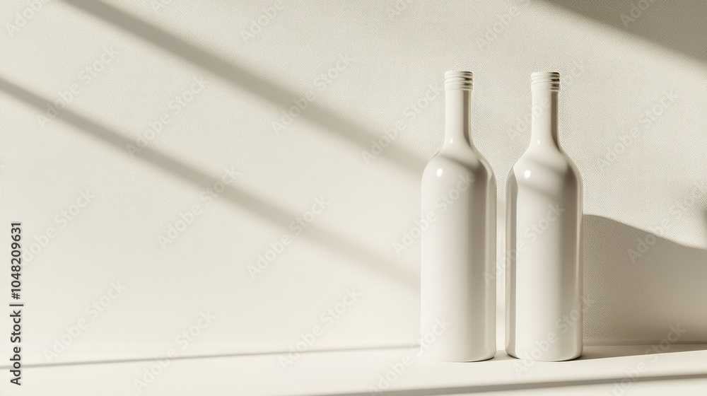 Poster Two plain white bottles standing side-by-side, isolated on a light background, with shadows for depth and a minimalist vibe.