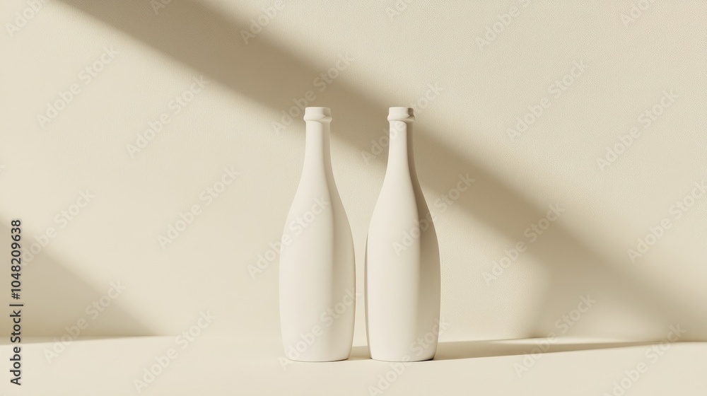 Poster Two plain white bottles standing side-by-side, isolated on a light background, with shadows for depth and a minimalist vibe.