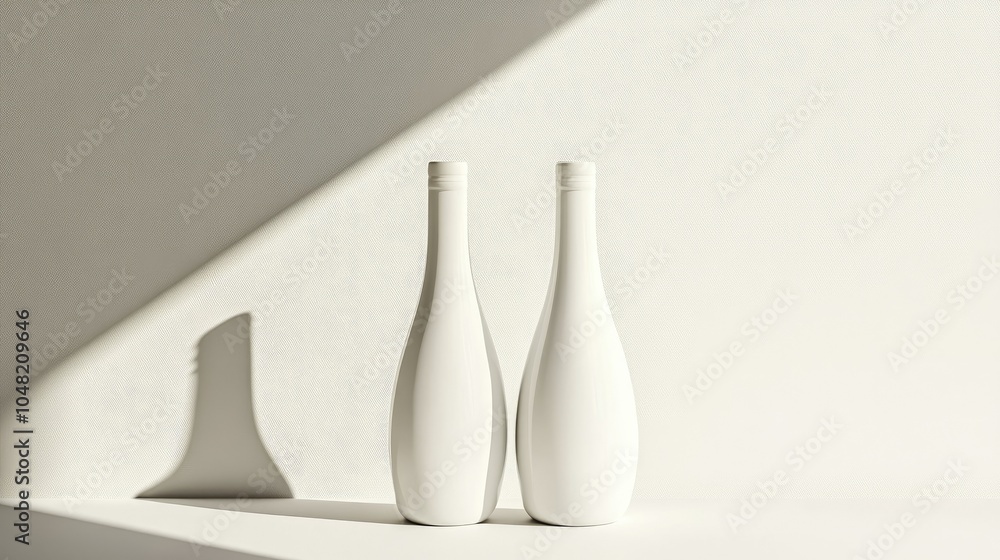 Poster Two plain white bottles standing side-by-side, isolated on a light background, with shadows for depth and a minimalist vibe.