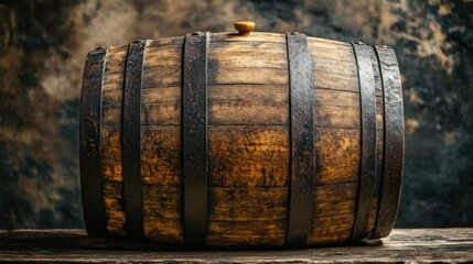 Rustic wooden barrel with iron bands, isolated on a neutral background, perfect for retro, vintage, and old-fashioned storage themes
