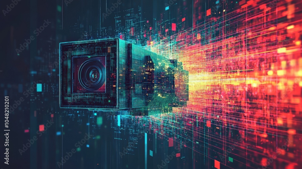 Poster an elegant representation of an ai camera analyzing rgb values for object recognition, visually emph