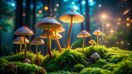 Fototapeta premium Enchanting Mycena Mushrooms in Low Light on Lush Grass and Moss