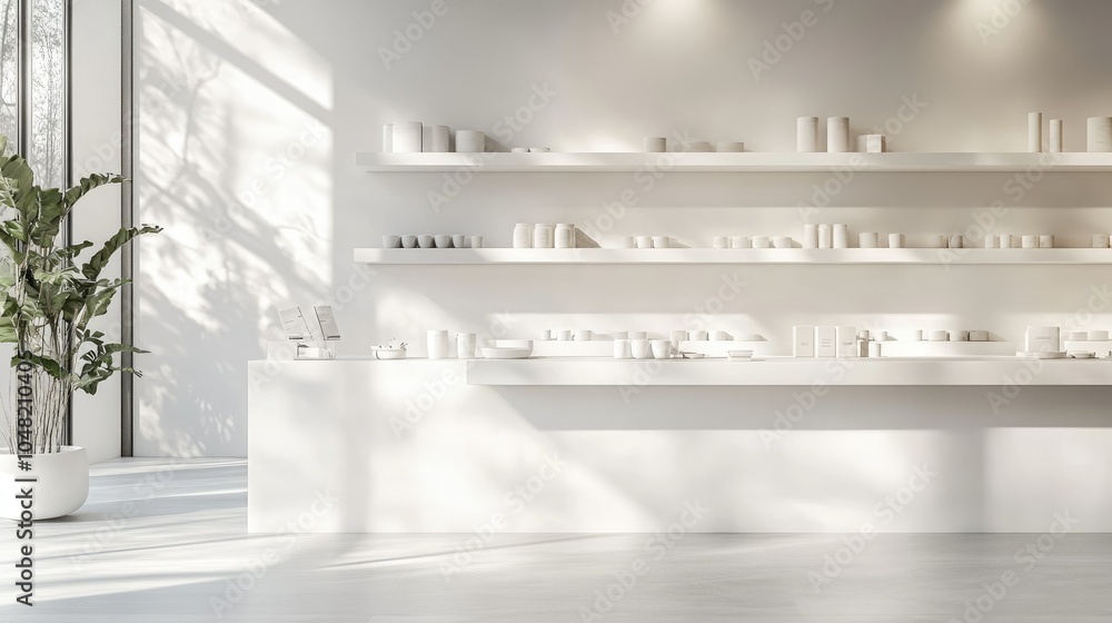 Poster white minimalist shop interior with open shelving showcasing neatly placed items, soft shadowing, an