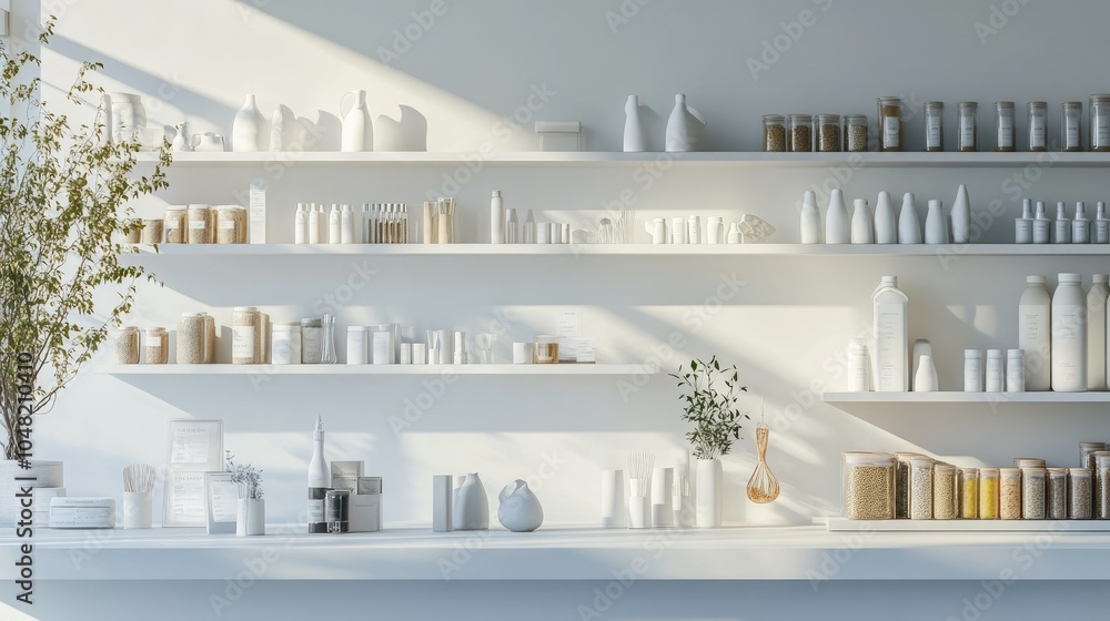 Poster white minimalist shop interior with open shelving showcasing neatly placed items, soft shadowing, an