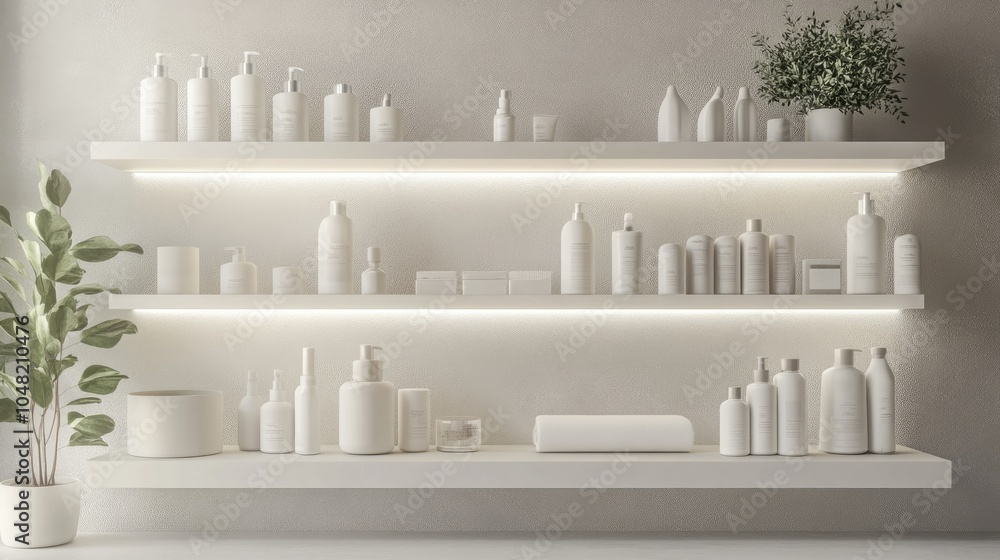 Poster white open shelf display with carefully placed products, minimalistic decor, soft lighting, and neut