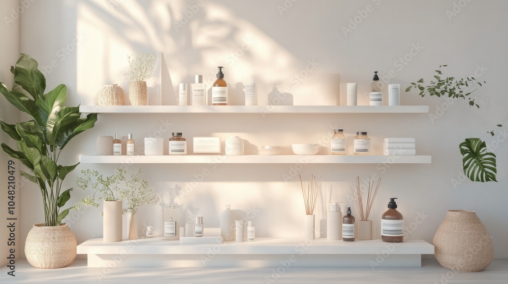 Poster white open shelf display with carefully placed products, minimalistic decor, soft lighting, and neut