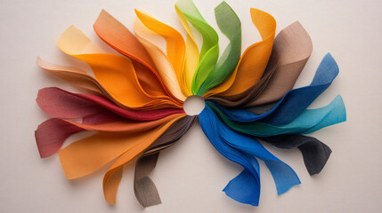 Fototapeta premium Colorful fabric swatches arranged in circular pattern create vibrant display of hues, showcasing variety of textures and shades that inspire creativity and design