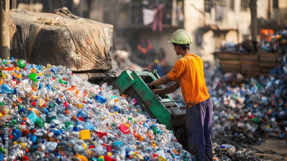 Poster Worker operating recycling machinery, showcasing the process of converting plastic waste into reusable materials