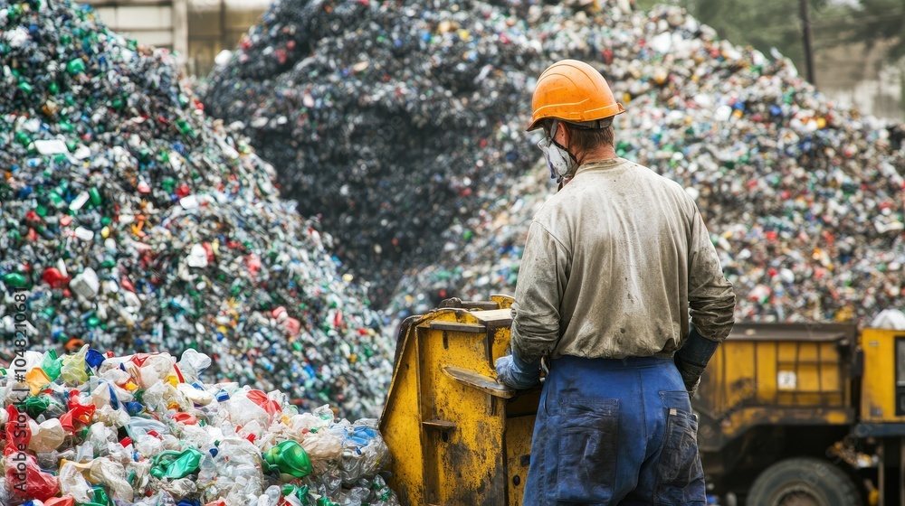 Aufkleber worker operating recycling machinery, showcasing the process of converting plastic waste into reusab
