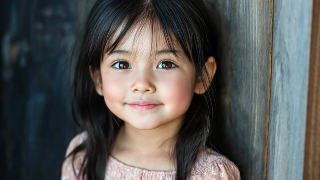 close up portrait of young shy Japanese girl sitting at home 