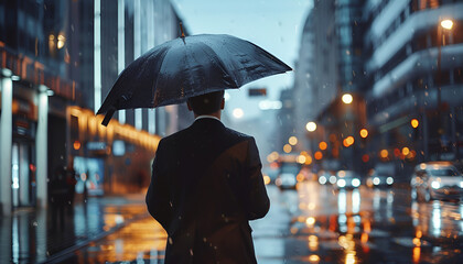 Businessman with umbrella under heavy rain. Insurance concept