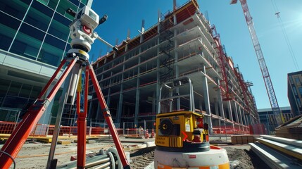 Naklejka premium Construction Site with Surveying Equipment and Tower Crane