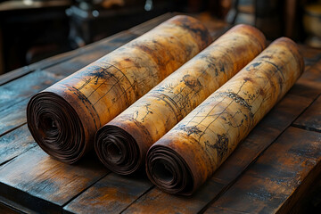 Fototapeta premium Three beautifully rolled decorative scrolls with intricate patterns, placed on a wooden surface in a warm, rustic setting.