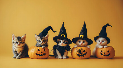 Three adorable kittens in witch costumes with black hats sit between two carved pumpkins on an orange background, with four more smiling kittens dressed as spider-themed brooms behind them.