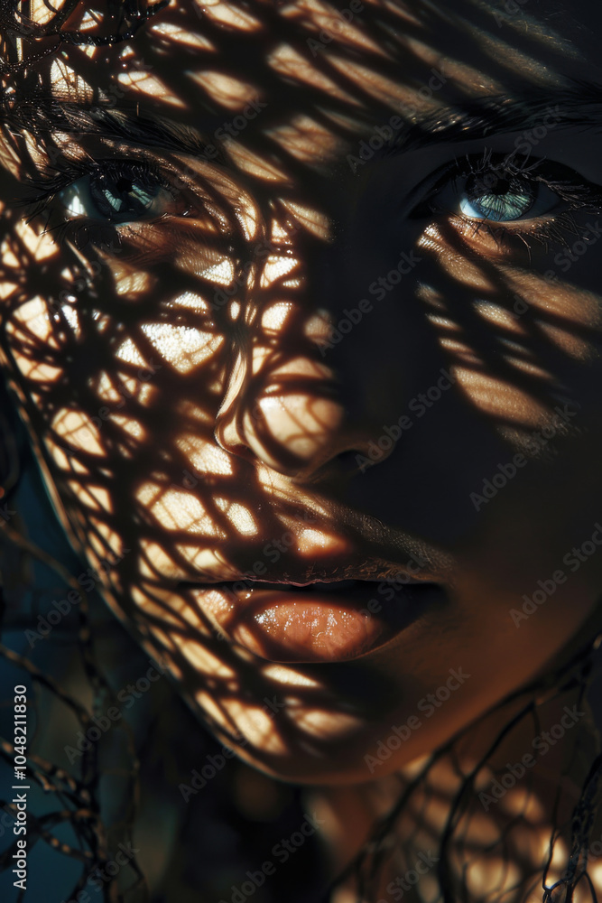 Poster close-up of a womans face illuminated by dramatic shadows, showcasing intricate patterns and depths 