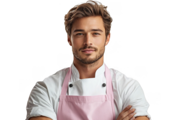 Man wearing a pink apron isolated on transparent background, png file, no background png file