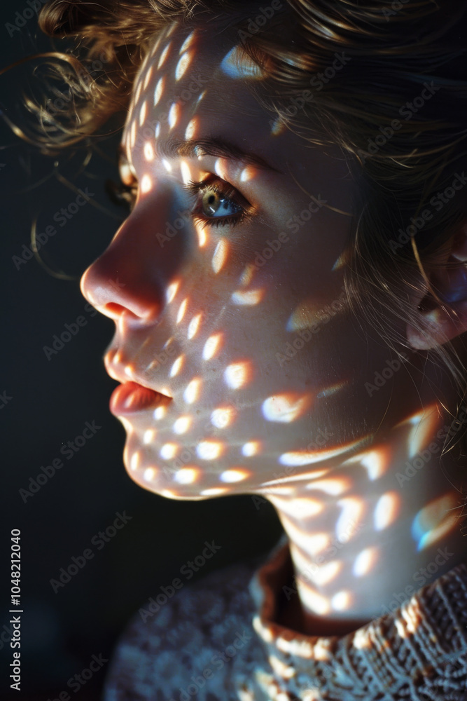 Poster close-up of a womans profile illuminated by intricate light patterns, showcasing vivid shadows and r