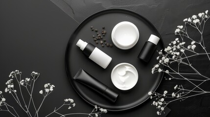 Minimalist Beauty Essentials: A sleek black tray adorned with delicate white sprigs and peppercorns, showcasing a curated selection of skincare essentials.