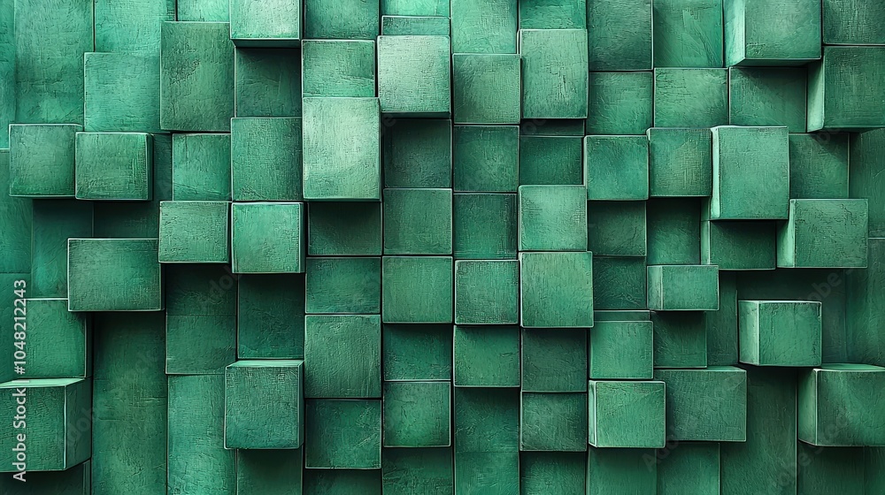 Poster green 3d cubes stacked in a dynamic pattern, offering a modern and tech-inspired look.