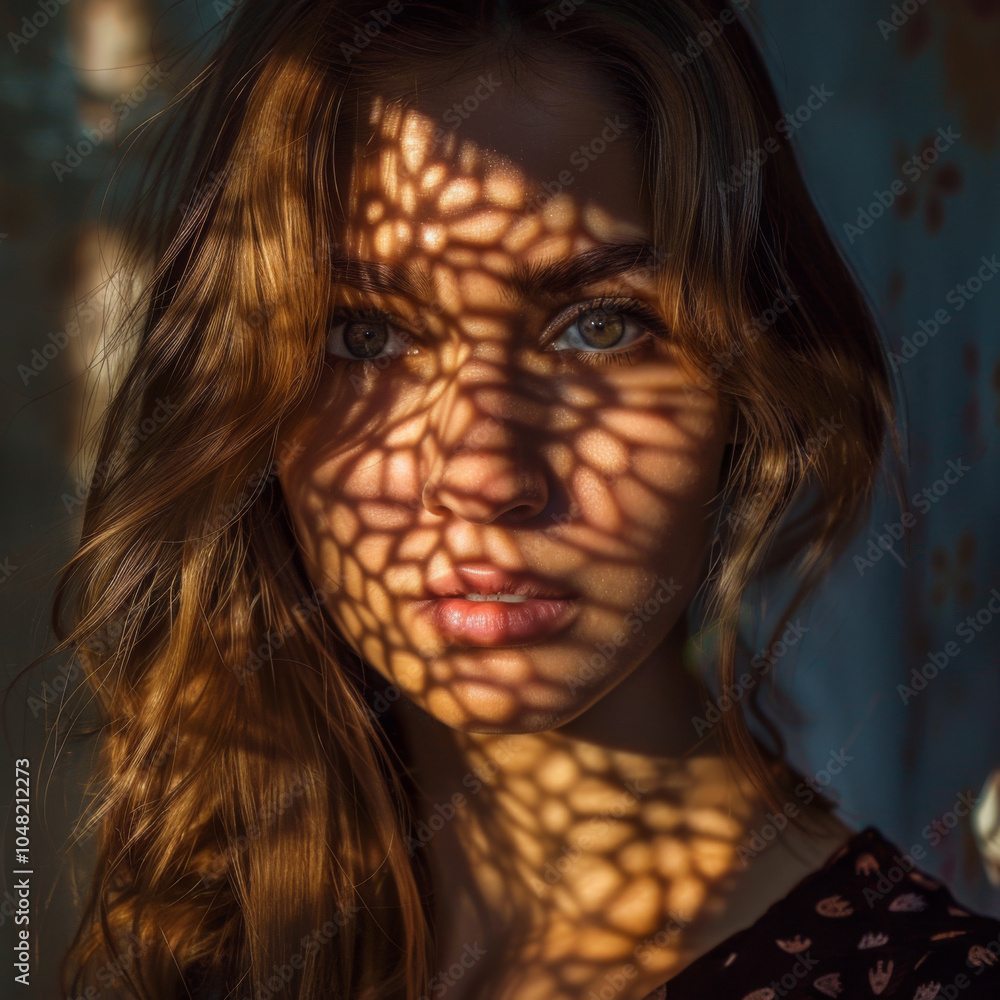 Aufkleber close-up of a young womans face with intricate shadow patterns illuminating her features, creating a
