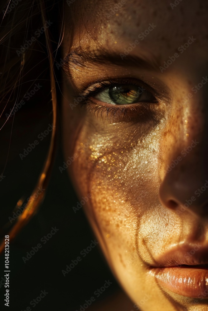 Poster close-up portrait of a womans face with natural freckles, capturing light and shadows; emphasizing e