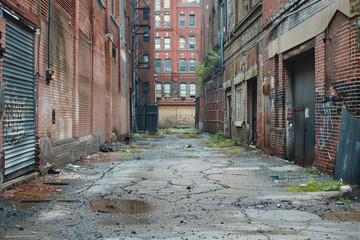 A narrow alleyway with graffiti on the walls and a few trash cans