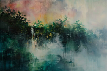 A painting of a forest with a waterfall and a misty sky