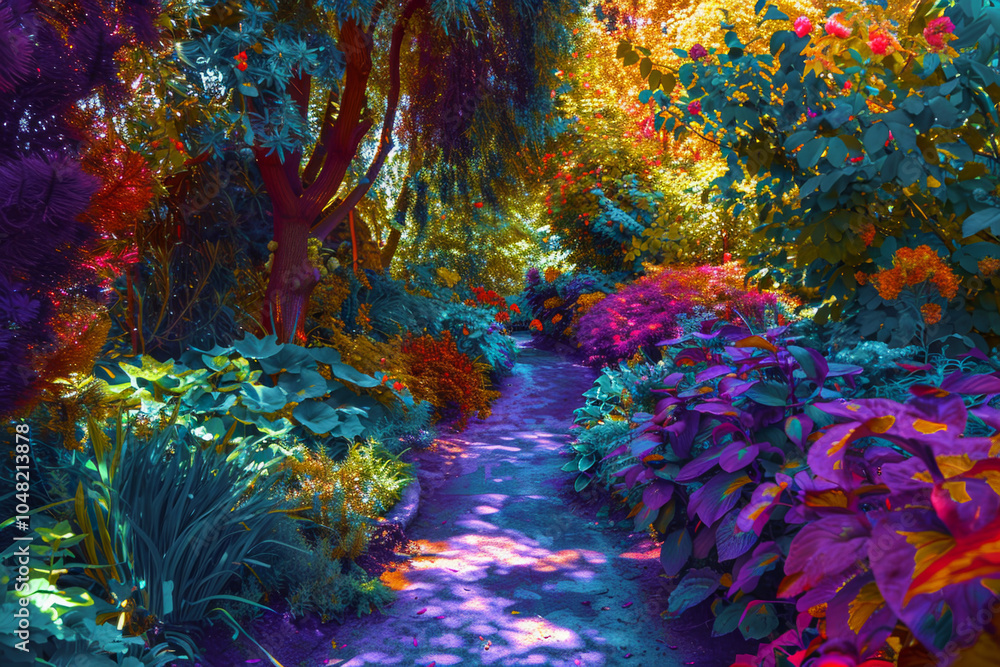 Poster a colorful path through a garden with a tree in the background
