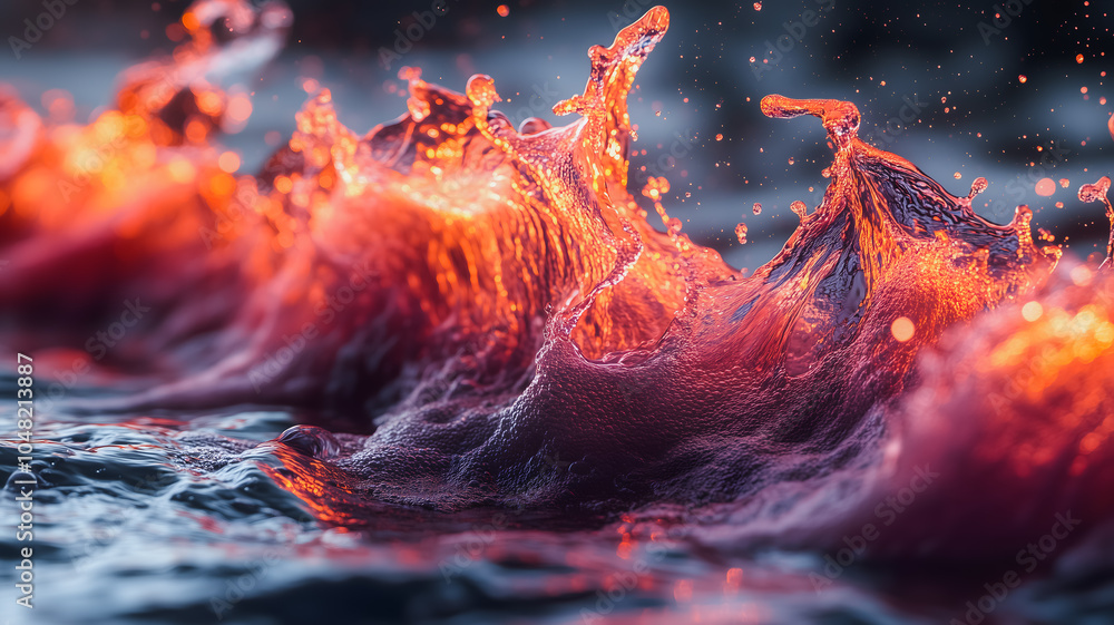 Poster a wave of water with a red color. the water is splashing and creating a fiery effect. scene is inten