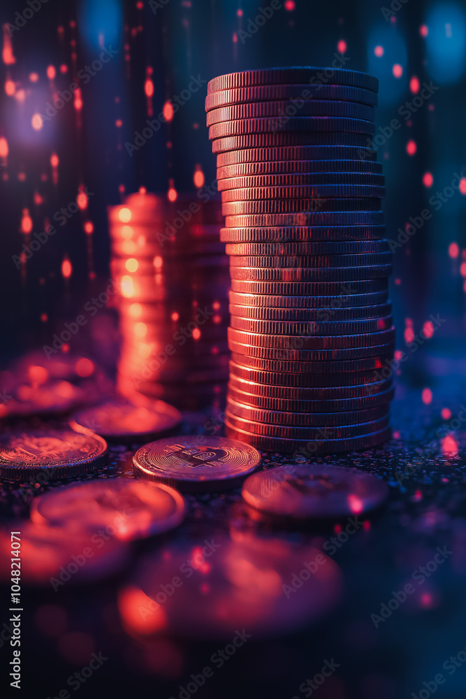 Poster a stack of coins is shown in a dark background with a bright red color. the coins are piled on top o