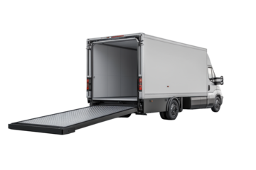 Utility truck for delivery with loading ramp. Transparent background png.