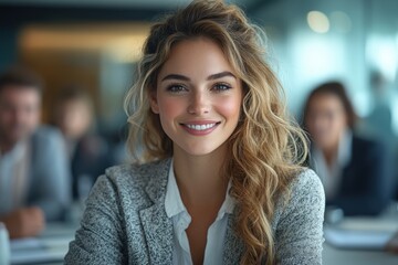 A middleaged woman with red hair and glasses wearing an olive green blazer