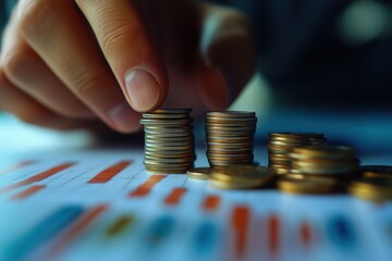 Businessman placing a stack of coins on a table with a graph