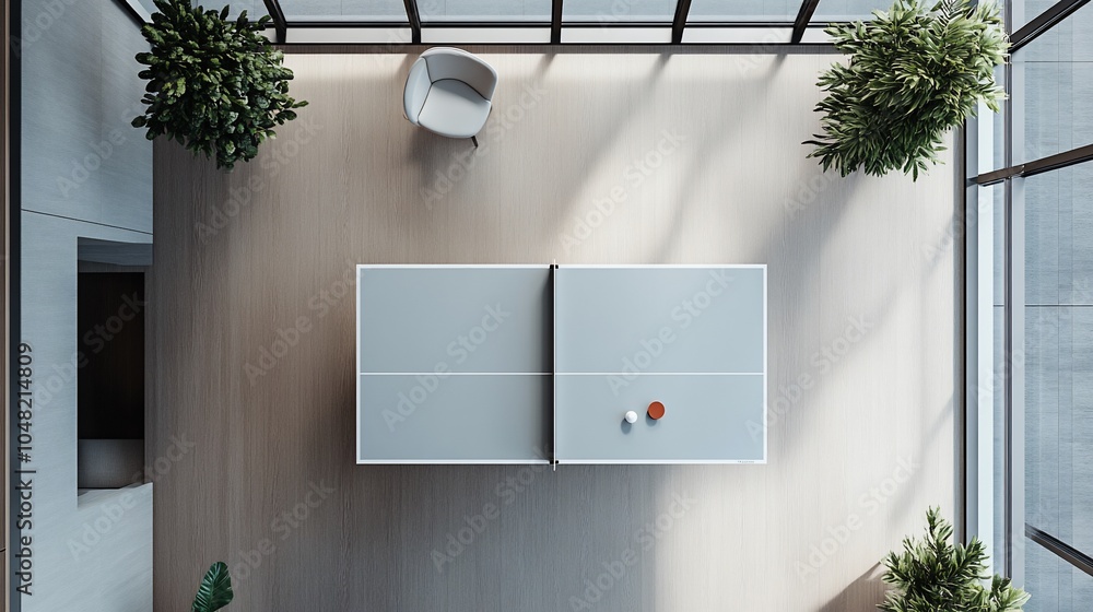 Poster an aerial view of a ping pong table in a modern office space. there is a chair, plants, and large wi