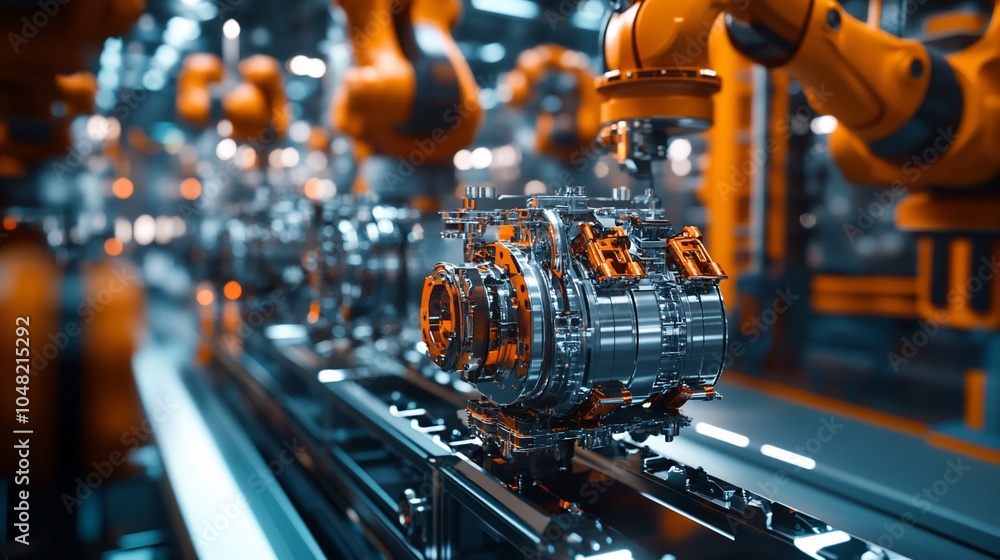 Poster An automated robotic arm assembly line in a factory setting with a shiny silver engine part moving along a conveyor belt.