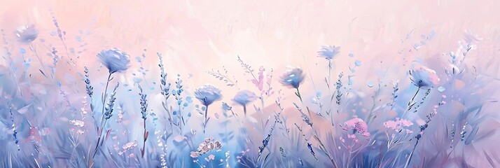 Fototapeta premium Delicate pastel wildflowers in a serene landscape, featuring soft pink and blue hues, creating a dreamy and tranquil atmosphere for nature lovers.