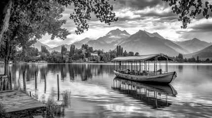 Traditional Shikara boat on Dal Lake in Srinagar, Jammu and Kashmir, showcasing a peaceful scene with mountains in the background.
