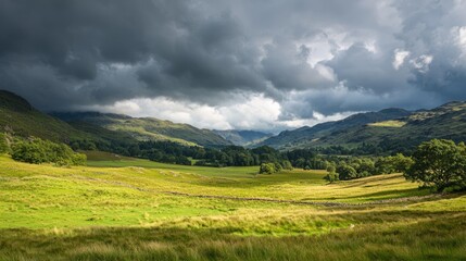 Eerie Storm Clouds Approaching Serene Countryside Landscape - Ultra-Detailed Image Capturing Nature's Contrasts