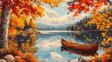 Obraz premium Vibrant autumn foliage framing a serene lake with a canoe, the perfect peaceful autumn landscape with reflections of the trees on the water.