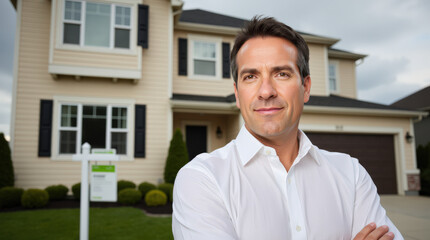 Fototapeta premium Professional Realtor Portrait in Front of Modern Home - Real Estate Agent, Realtor, and Business Professional