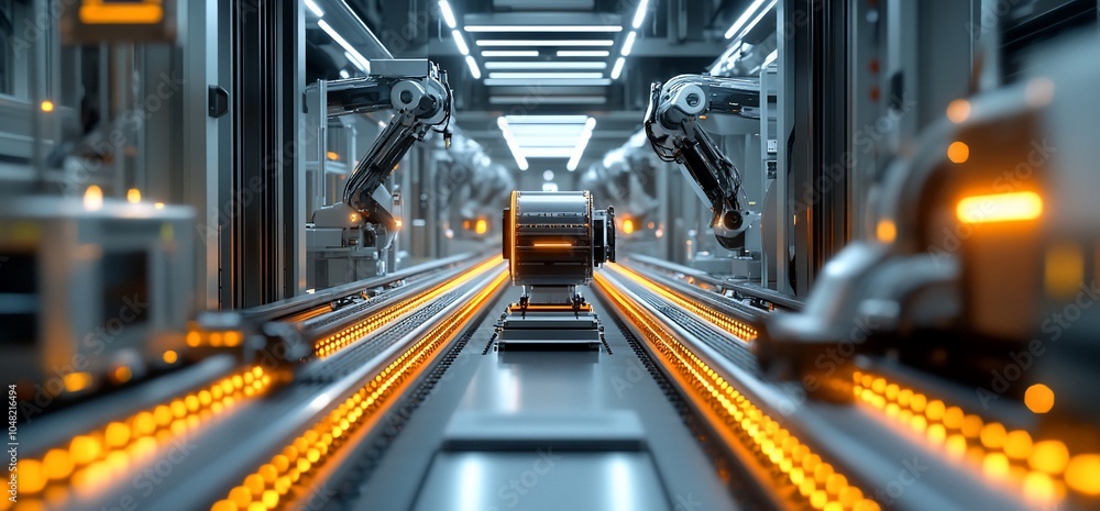 Poster automated production line with robotic arms in a futuristic factory.