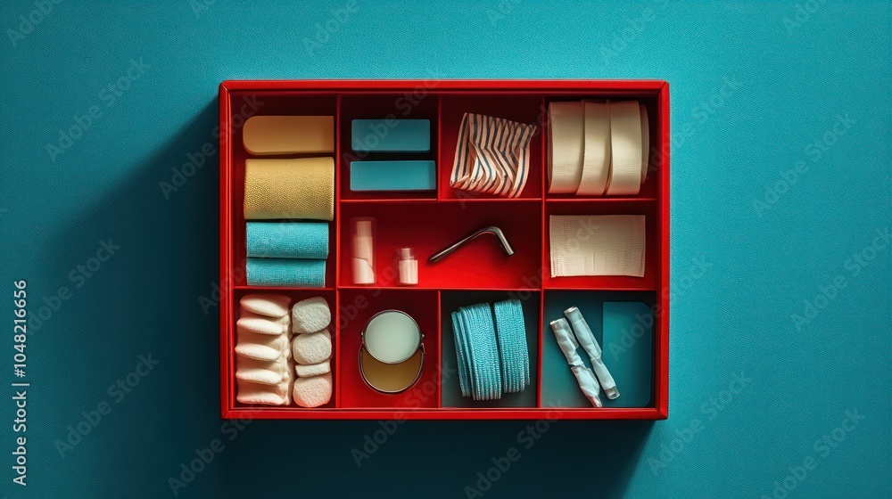 Poster a red box with various compartments containing assorted items on a teal background.