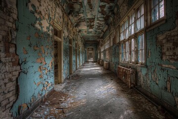 Fototapeta premium Desolate Abandoned Corridor: Weathered Blue Walls, Cracked Paint, and Dusty Floors in an Eerie, Forgotten Building Bathed in Natural Light