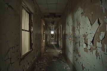 Desolate Abandoned Hallway: Crumbling Walls and Peeling Paint in a Forgotten Building, Evoking a Sense of Mystery and Decay