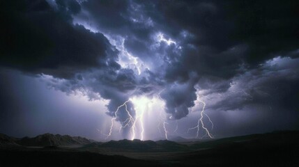 Majestic Mountain Range Silhouetted by Rolling Storm Clouds, Lightning Strikes, and Dark Shadows - Ultra-Detailed Dramatic Landscape Photography