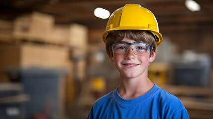 Teenager learning how to use a cordless drill for the first time while building a small home project Stock Photo with side copy space