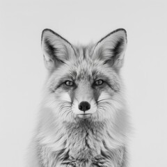 Naklejka premium Elegant black and white portrait of a fox, showcasing its distinct features and serene expression against a minimalist background.